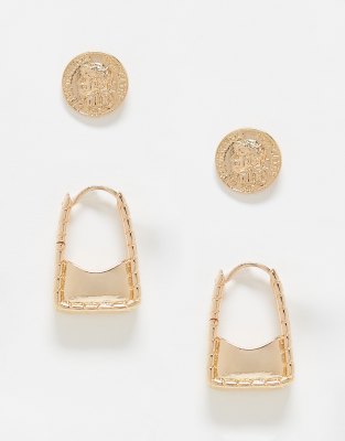  Reclaimed Vintage earring 2 pack with handbags and coin in gold