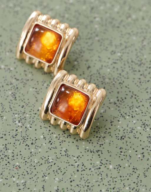 Five Rows of Graduated Multi-Color Amber Squares Earrings