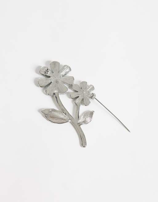 Reclaimed Vintage echte halfedelsteen bloembroche in zilver, 3 van 3