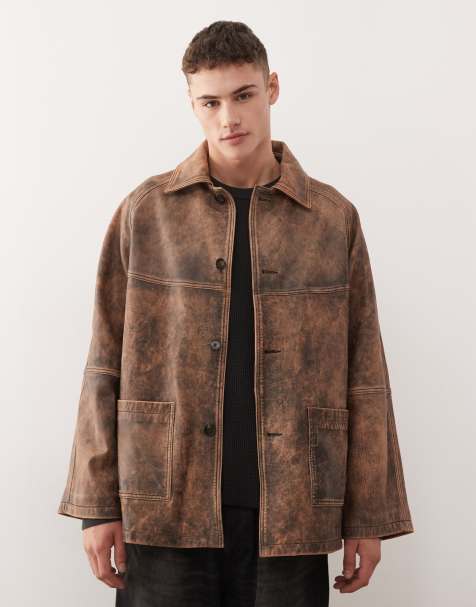 Reclaimed Vintage – Echtleder-Jacke in Braun im Used-Look mit längerem Schnitt - view 1