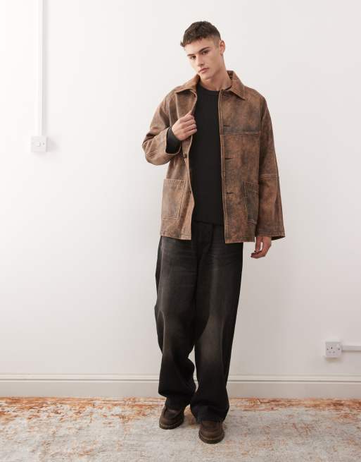 Reclaimed Vintage – Echtleder-Jacke in Braun im Used-Look mit längerem Schnitt, 2 von 5