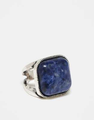 Reclaimed Vintage - Eckiger Unisex-Ring mit blauem Halbedelstein-Silber