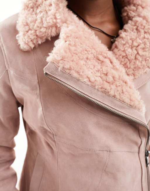 Blouson Aviateur Manteau Femme Daim Fourrure Reclaimed Vintage