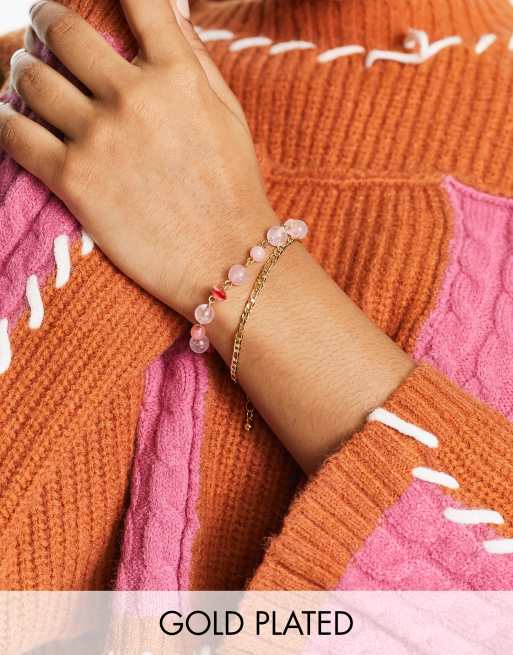 Reclaimed Vintage - Édition limitée - Bracelets en plaqué or avec pierres rose quartz 