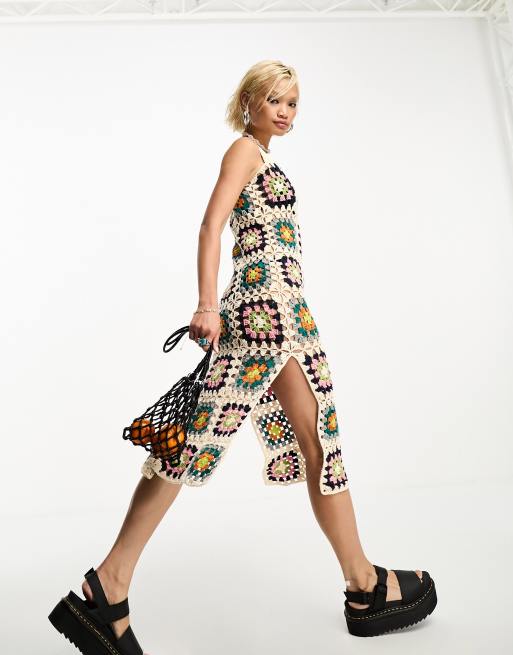 Reclaimed Vintage dition limit e Robe mi longue en maille crochet e Multicolore