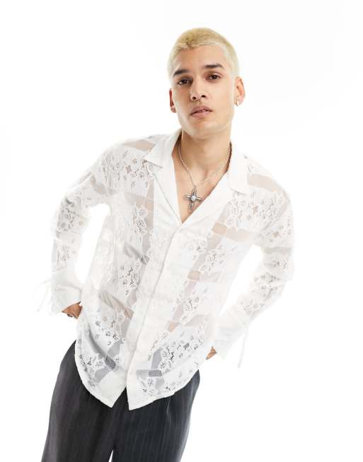 Reclaimed Vintage - Edizione limitata - Camicia a maniche lunghe in pizzo con motivo patchwork e maniche con laccetti