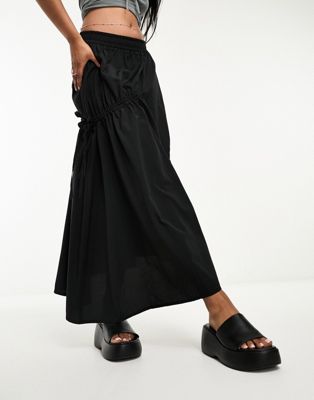 Reclaimed Vintage elasticated maxi skirt with tie detail in black