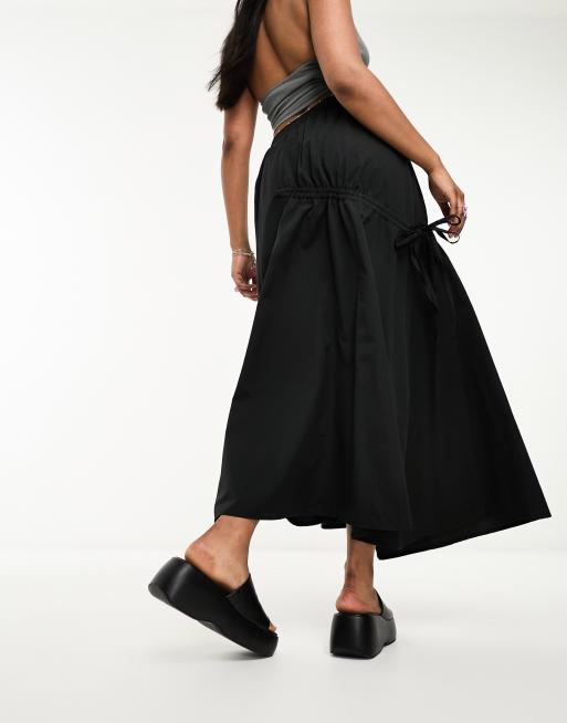 Reclaimed Vintage elasticated maxi skirt with tie detail in black