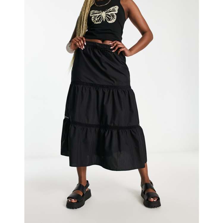 Reclaimed Vintage elasticated waist prairie midi skirt in black ASOS