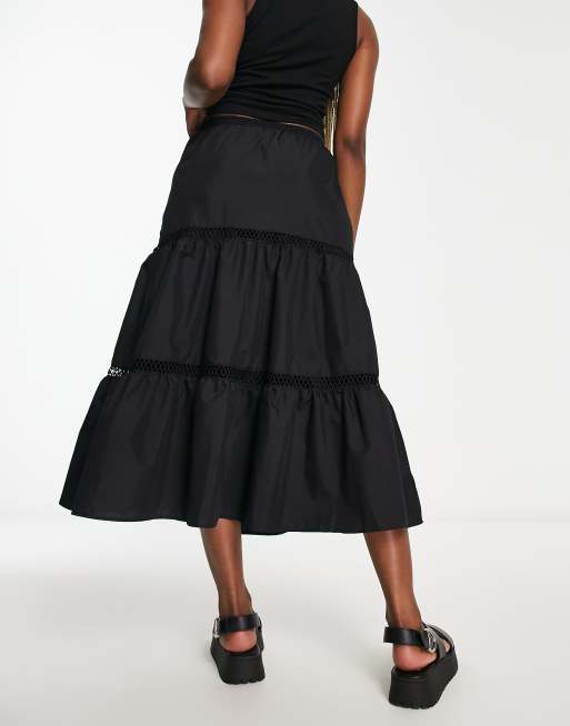 Reclaimed Vintage elasticated waist prairie midi skirt in black