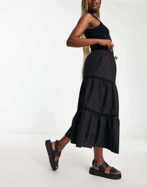 Reclaimed Vintage elasticated waist prairie midi skirt in black