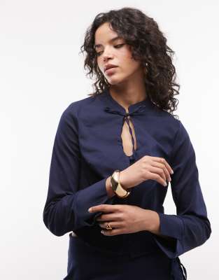 Elegante Bluse in Marineblau mit Schlüssellochausschnitt, Kombiteil-Bunt Bunt S