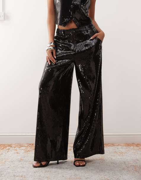 Broek Met Wijde Pijpen Voor Dames,Dames Pailletten Wijde Pijpen Broek Luxe Glanzende Glinsterende Elastische Hoge Taille Palazzo Broek Sexy Mode Losse Rechte Pijpen Broek Voor Feest Clubwear Streetw
