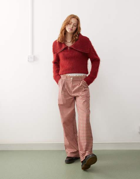 Reclaimed Vintage - Elegante geruite broek met wijde pijpen in rood - view 1