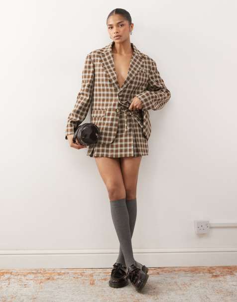 Reclaimed Vintage - Elegante geruite mini skort met strikjes in bruin, deel van co-ord set - view 1