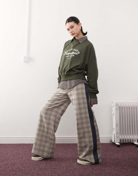 Reclaimed Vintage – Elegante Hose in Neutral kariert mit weitem Bein und kontrastierenden Einsätzen - view 1