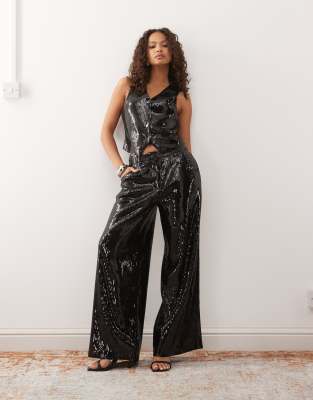 Reclaimed Vintage - Elegante Hose in Schwarz mit Pailletten und weitem Bein, Kombiteil-Rot