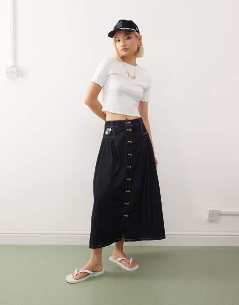 Reclaimed Vintage embroidered denim button through midi skirt in midi blue - view 1