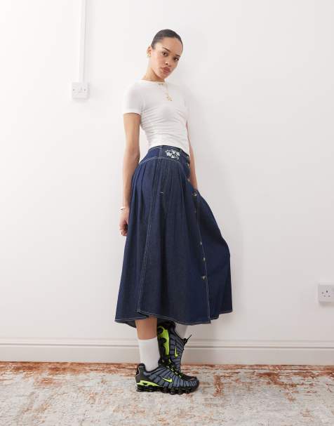Reclaimed Vintage embroidered denim button through skirt - view 1