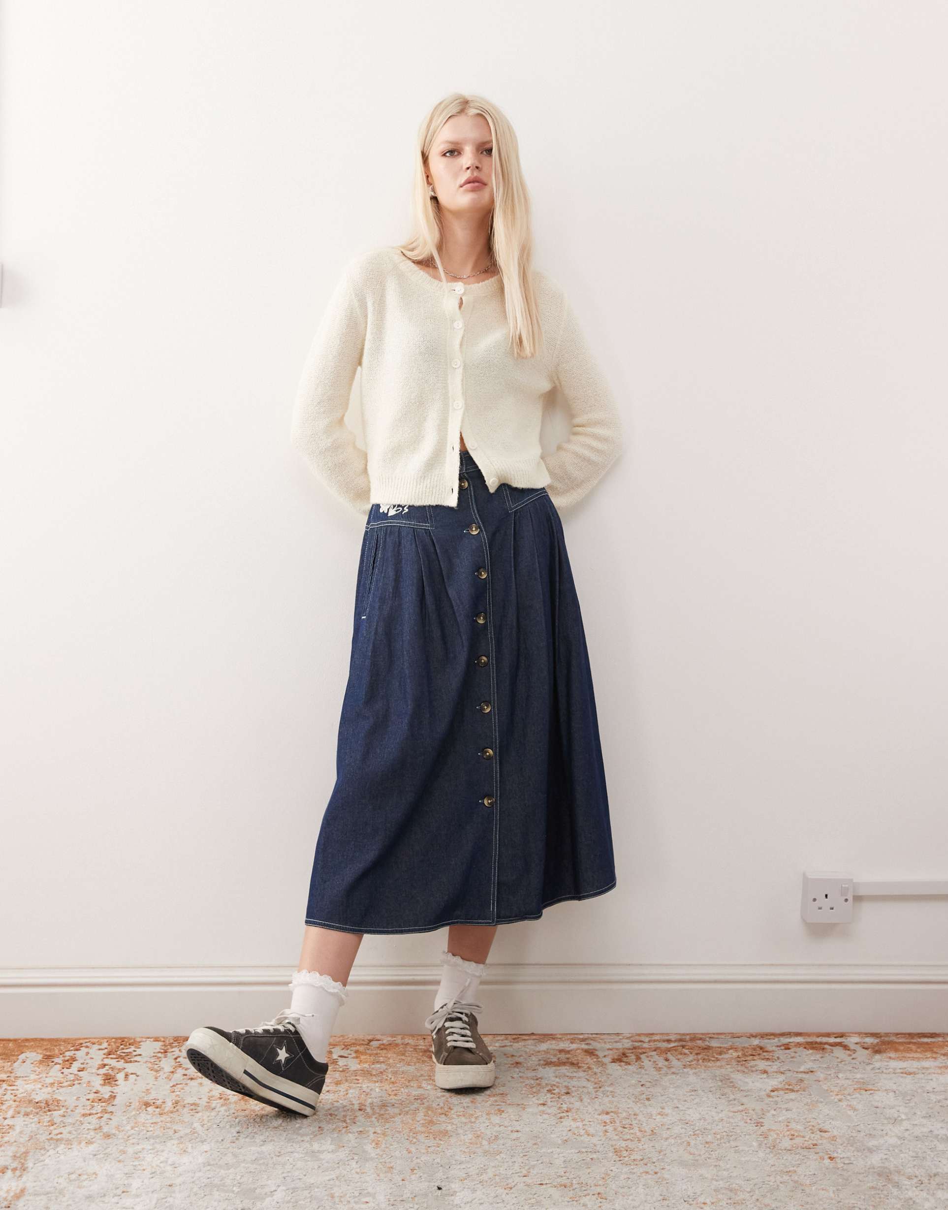 reclaimed vintage embroidered denim button up midaxi skirt in midi blue