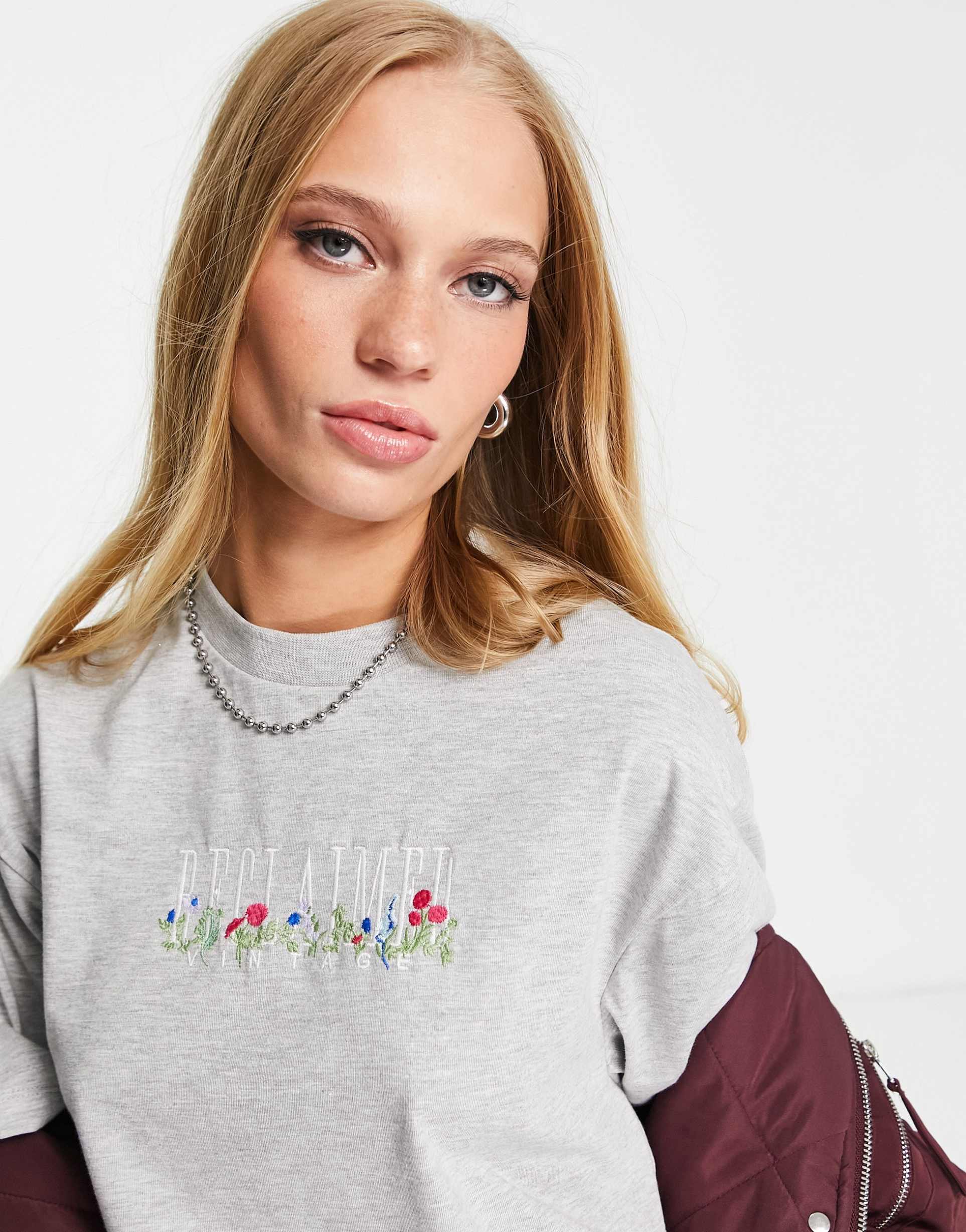 Reclaimed Vintage embroidered t-shirt in grey marl