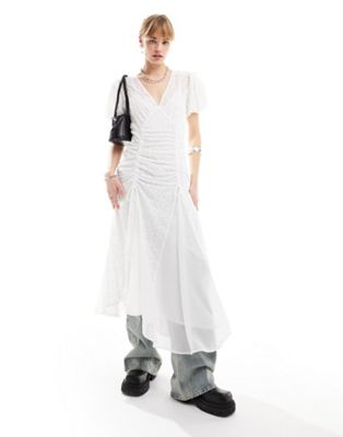 Reclaimed Vintage embroidered tea maxi dress with ruched detail in white