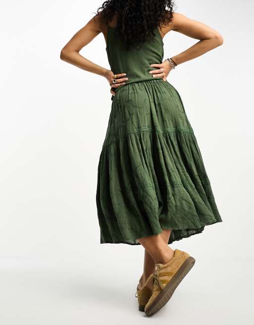 Reclaimed Vintage embroidred prairie midi skirt in dark washed khaki