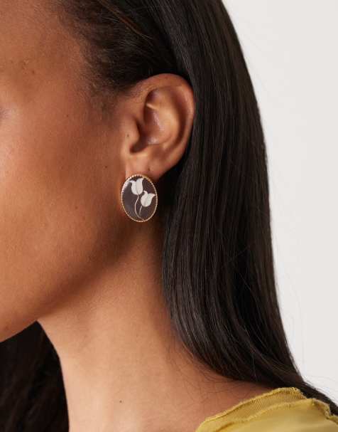 Reclaimed Vintage enamel earrings with floral detail in gold - view 1