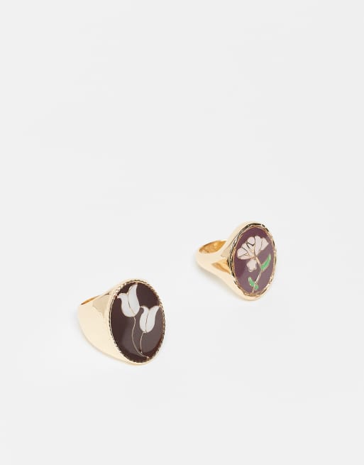 Reclaimed Vintage enamel rings 2 pack with floral details in gold tone