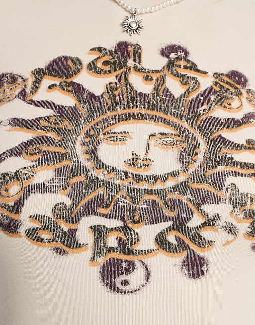 Reclaimed Vintage - Endless Karma - T-shirt mini écru con stampa celestiale, 3 di 4