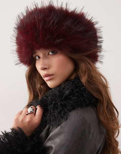 Reclaimed Vintage extra fluffy faux fur headband in burgundy red  - view 1
