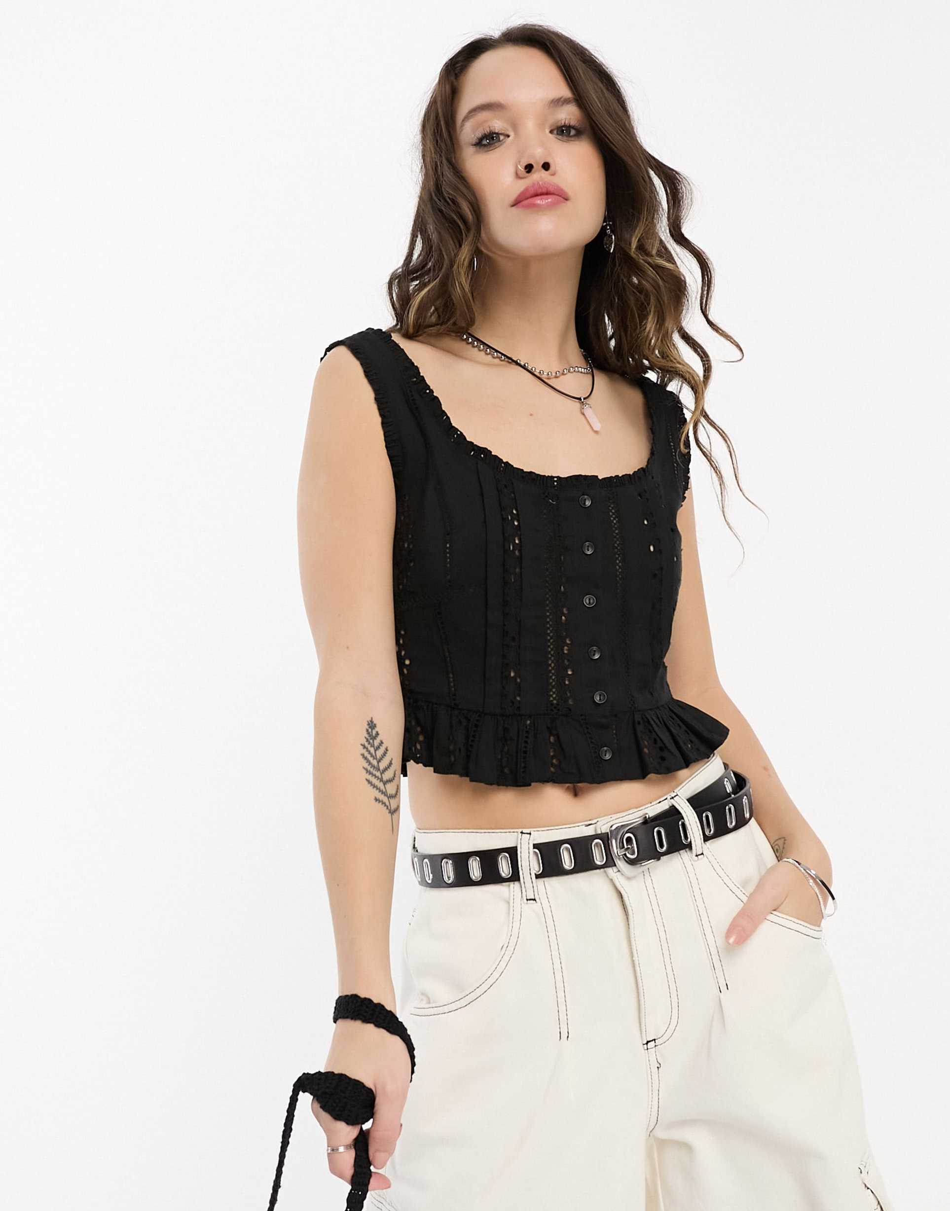 reclaimed vintage eyelet corset top in black