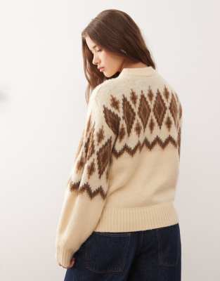 Reclaimed Vintage Fairisle Printed Heavyweight Sweater In Brown