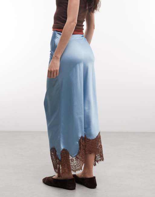 Reclaimed Vintage - Falda asimétrica con encaje azul y encaje marrón, 5 de 5