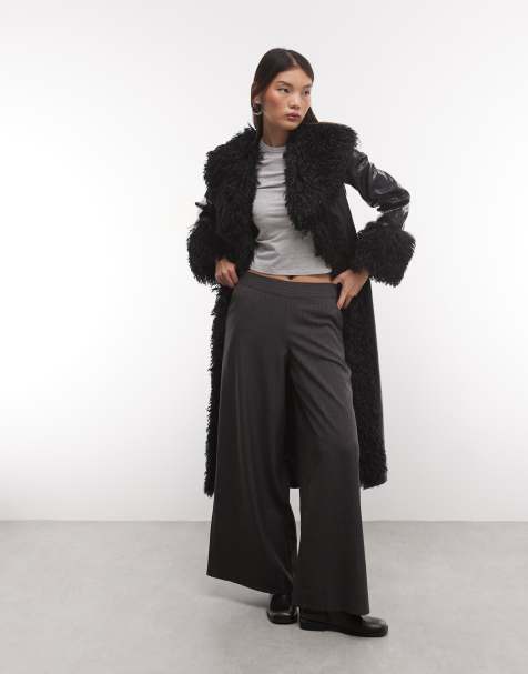 Reclaimed Vintage faux croc look trench coat with faux fur collar in and cuffs in black - view 1
