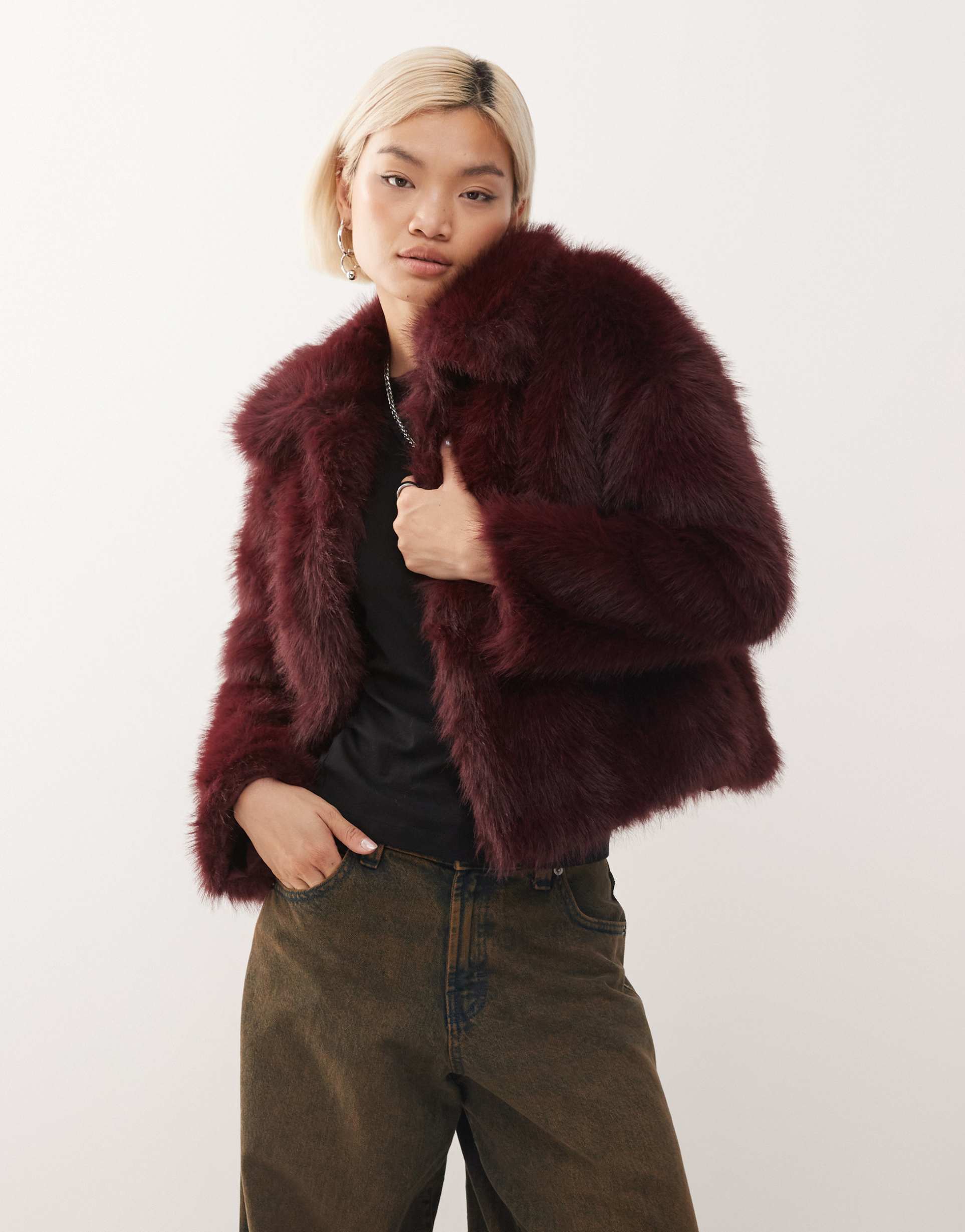 reclaimed vintage faux fur boxy jacket in plum