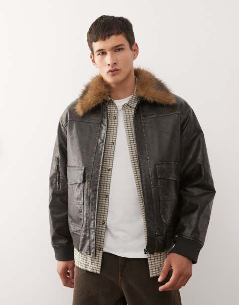 Reclaimed Vintage faux-fur collar leather-look bomber jacket in brown - view 1