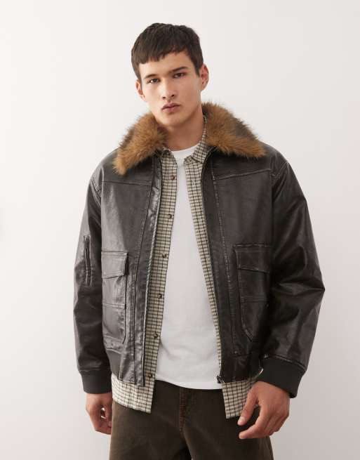 Reclaimed Vintage faux fur collar leather look bomber jacket in brown