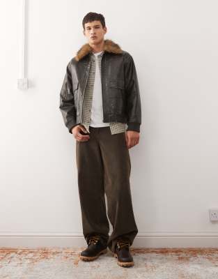 Reclaimed Vintage Faux Fur Collar Leather Look Bomber Jacket In Brown
