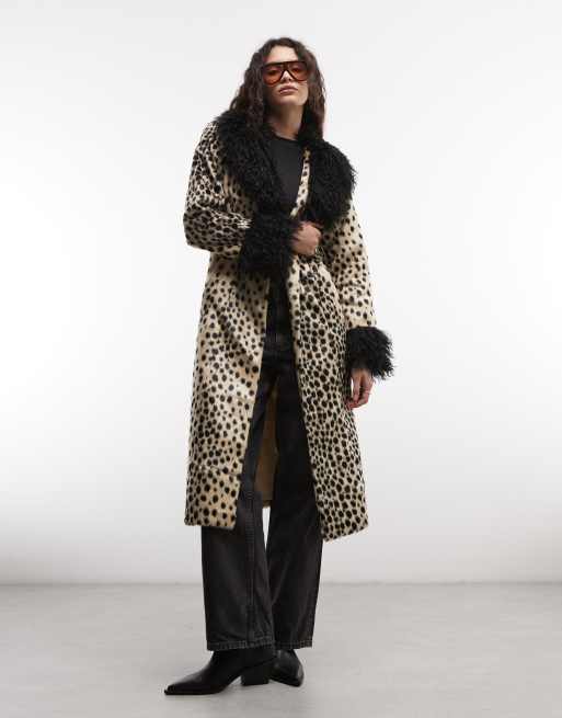 Reclaimed Vintage faux fur mix trim coat in animal, 1 of 4