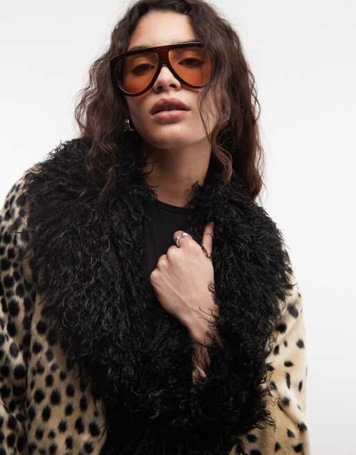 Reclaimed Vintage faux fur mix trim coat in animal, 2 of 4