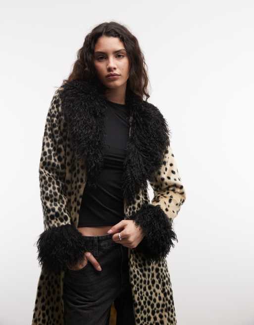 Reclaimed Vintage faux fur mix trim coat in animal, 3 of 4