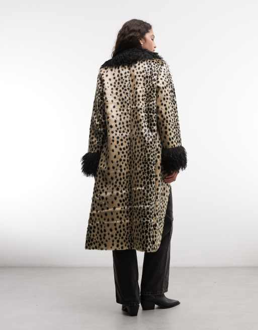 Reclaimed Vintage faux fur mix trim coat in animal, 4 of 4