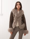 [Reclaimed Vintage] Reclaimed Vintage faux fur trim leather look short jacket in brown 16 Brown