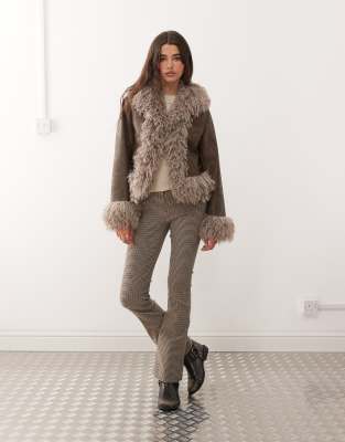 Reclaimed Vintage Faux Fur Trim Leather Look Short Jacket In Brown