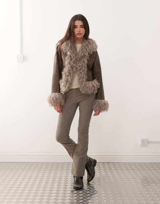 Reclaimed Vintage faux fur trim leather look short jacket in brown