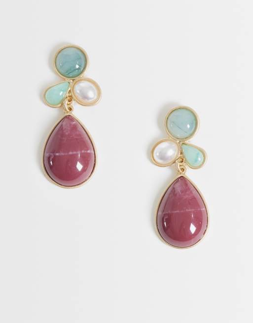 Reclaimed Vintage faux gem stone drop earrings in gold tone