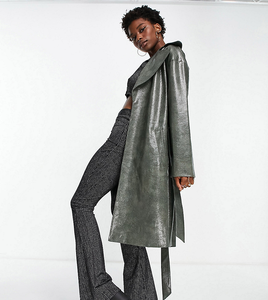 Reclaimed vintage faux leather belted trench coat in green
