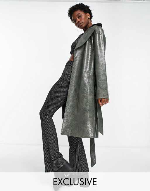 Faux Leather Croc Embossed Belted Trench Coat