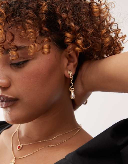 Reclaimed Vintage faux pearl drop swirl earrings in gold tone